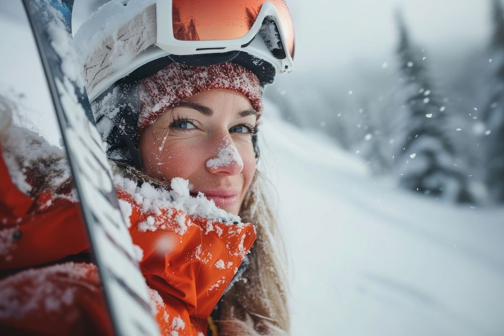 Woman with ski on mountain outdoors portrait winter.