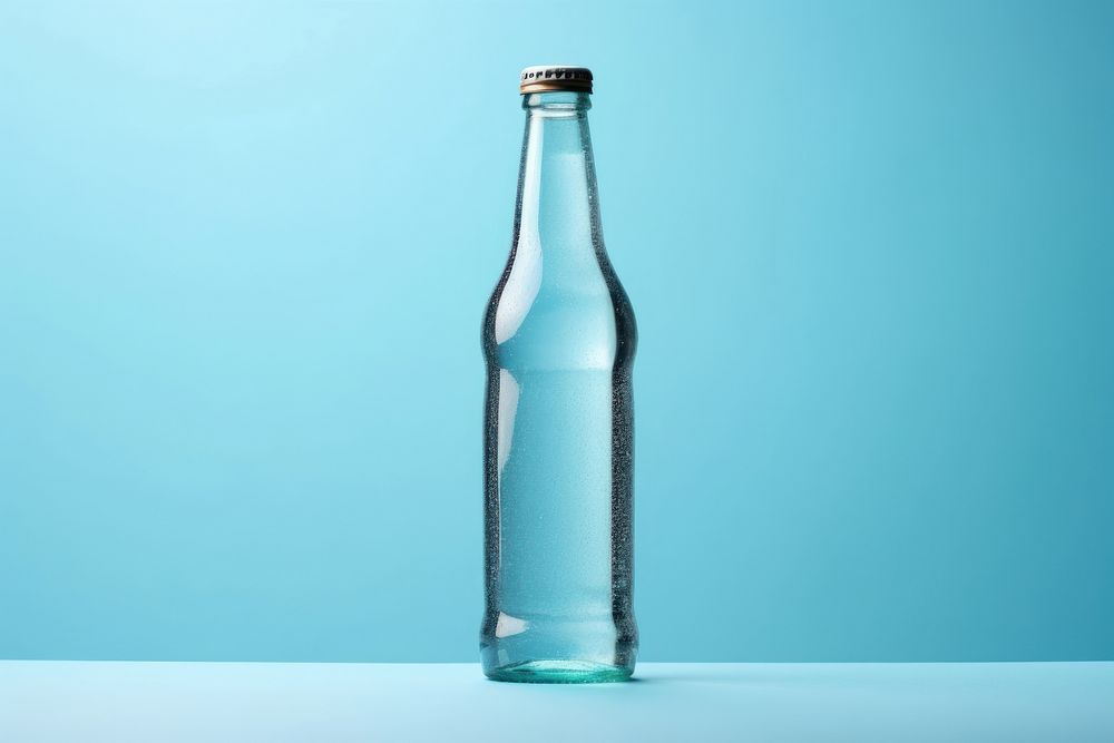 Soda bottle with white lable glass drink blue.