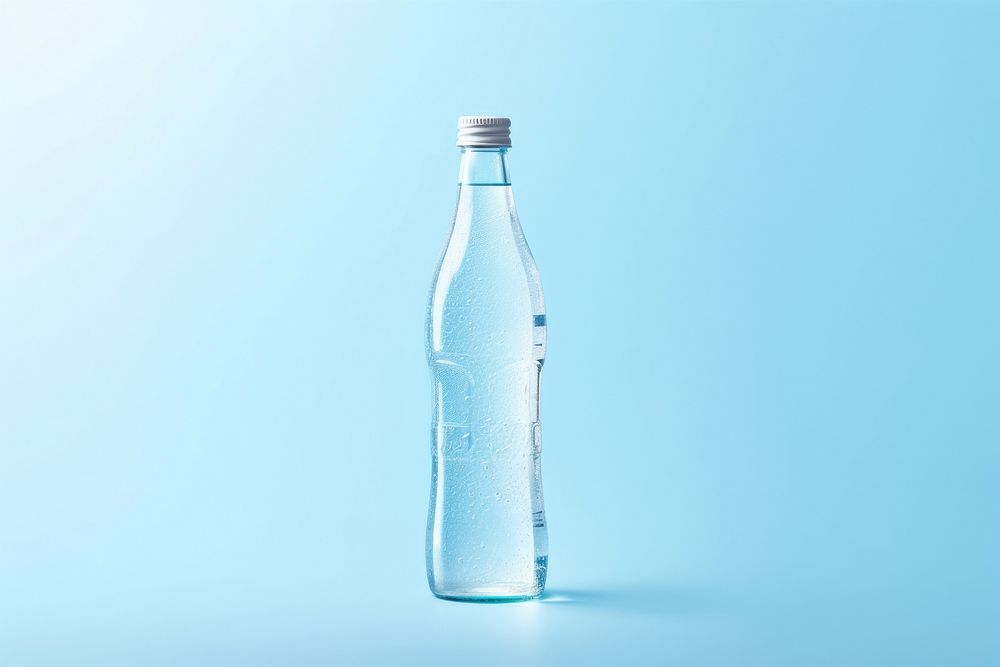 Soda bottle with white lable drink blue blue background.