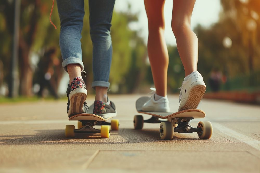 Man and woman friends skating on longboard skateboard footwear outdoors.