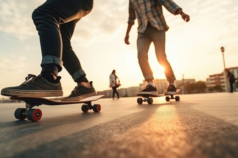Man and woman friends skating on longboard skate skateboard footwear outdoors.