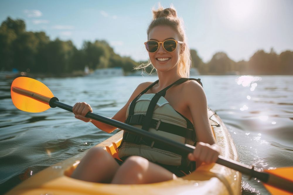 Woman wearing sun glasses doing kayak recreation lifejacket kayaking.