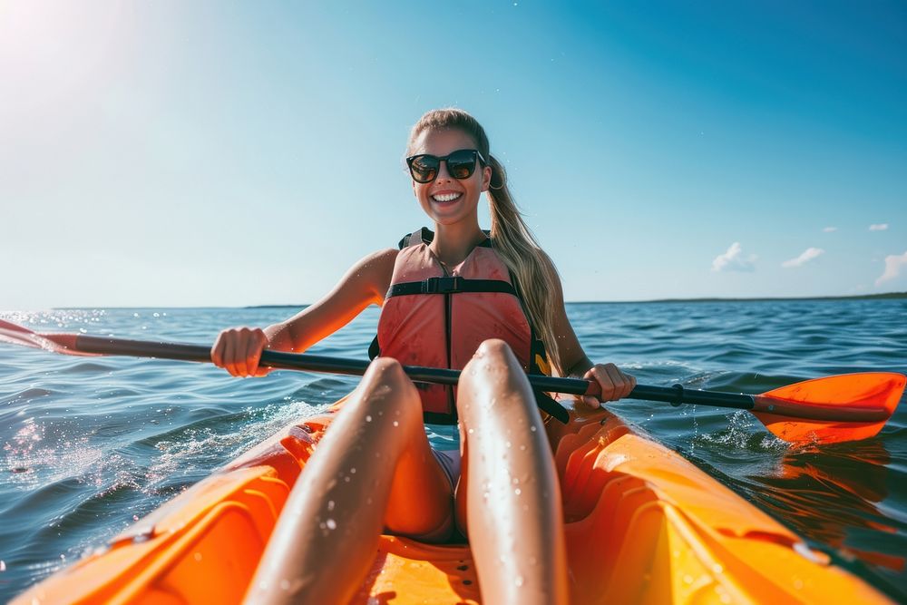 Woman wearing sun glasses doing kayak recreation lifejacket kayaking.