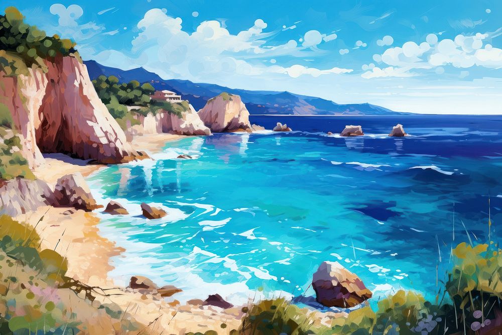 Greece landscape painting beach.