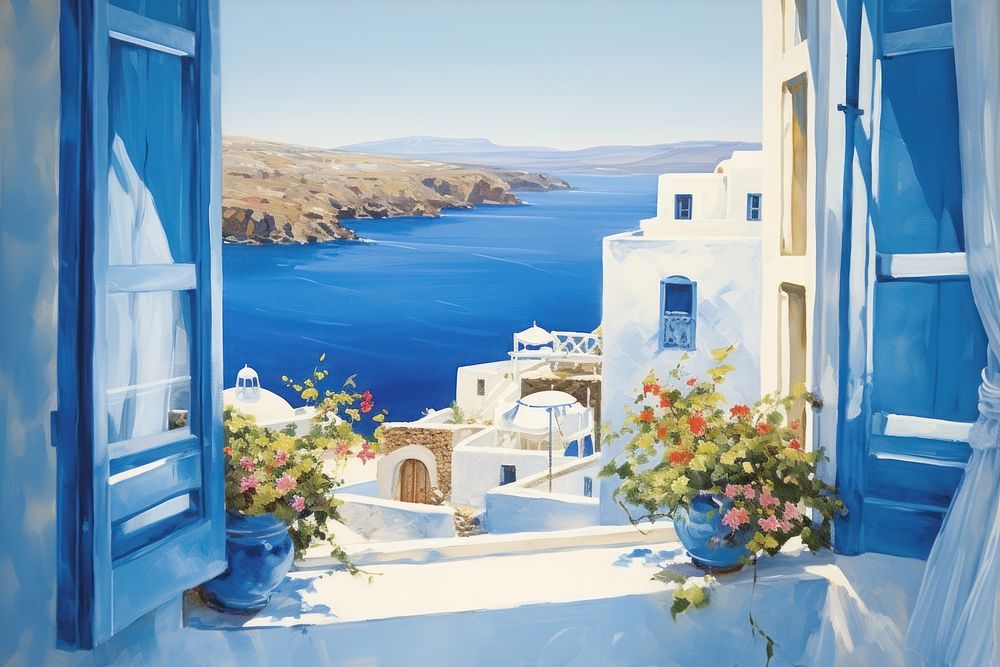 Greece window blue sea.