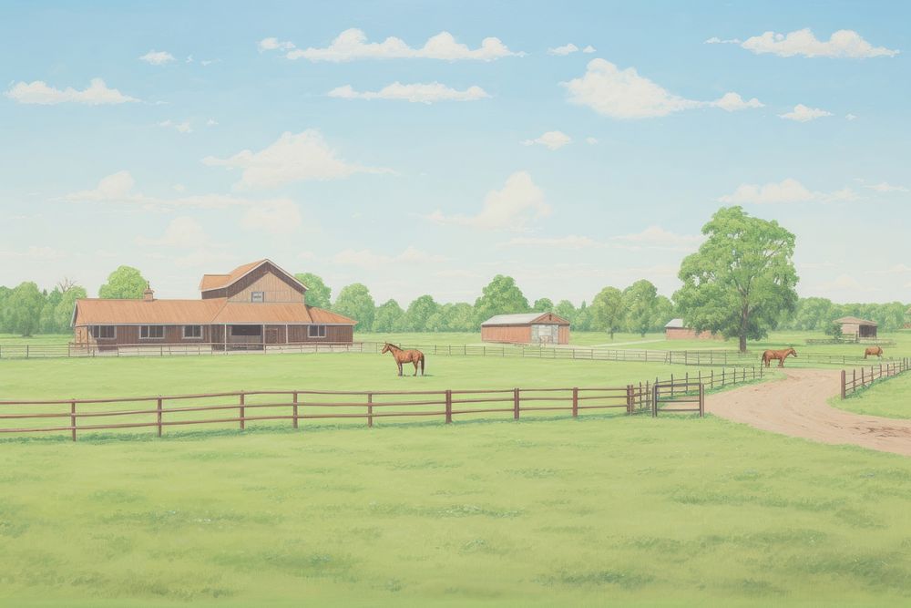 Horse farm architecture grassland livestock.