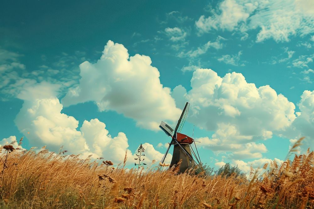 Windmill outdoors blue sky.