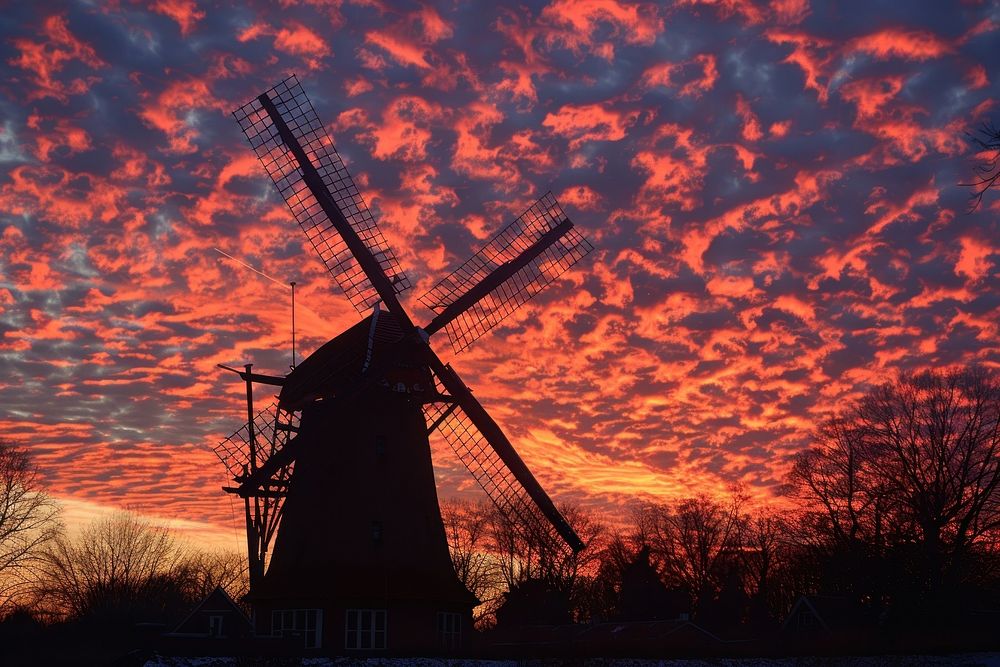 Windmill outdoors sunset sky.