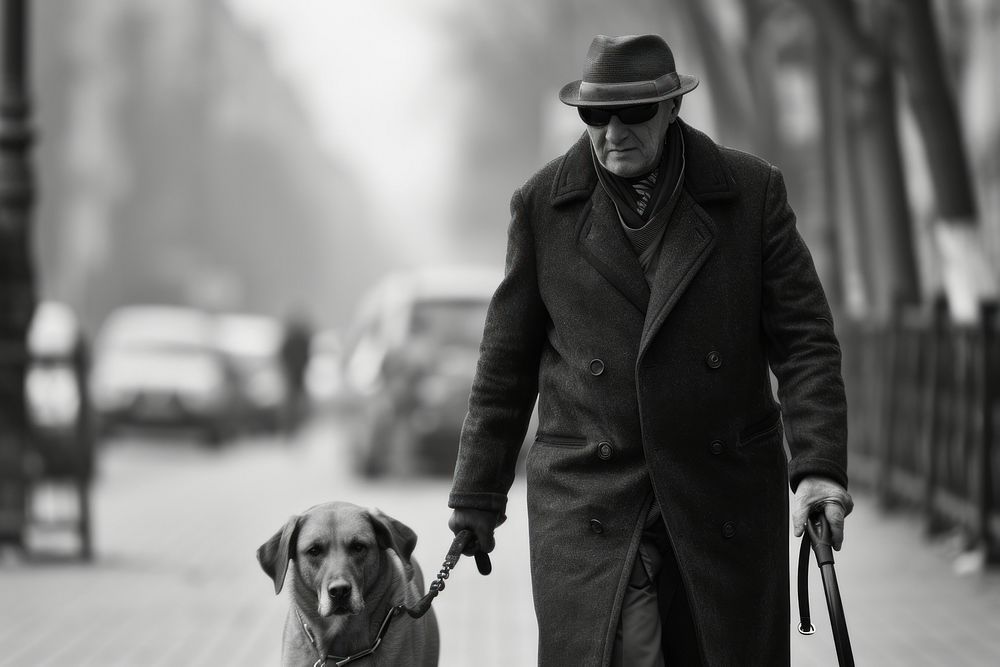 A blind man with guide dog walking overcoat portrait.