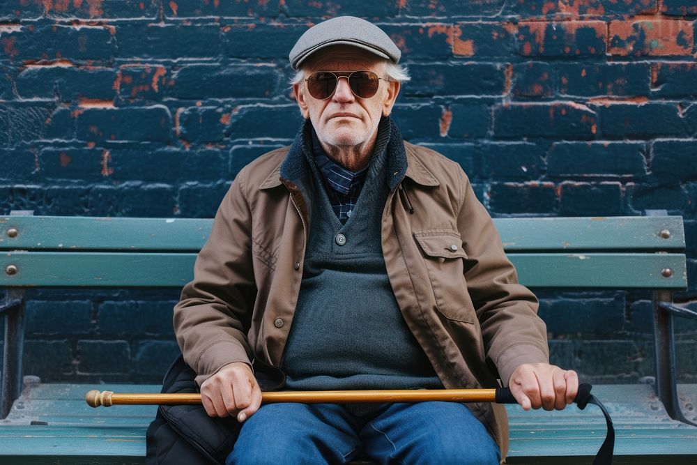 A blind man sitting glasses bench.