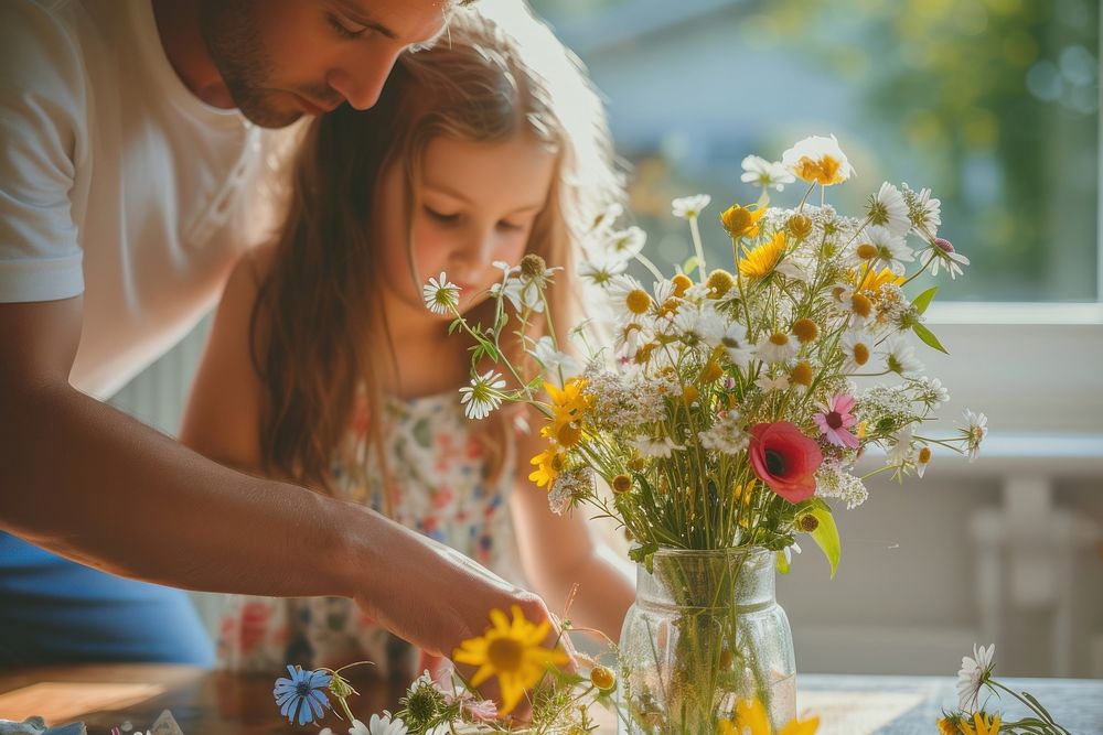 A girl and dad arrange wild flowers to a vase plant togetherness affectionate.