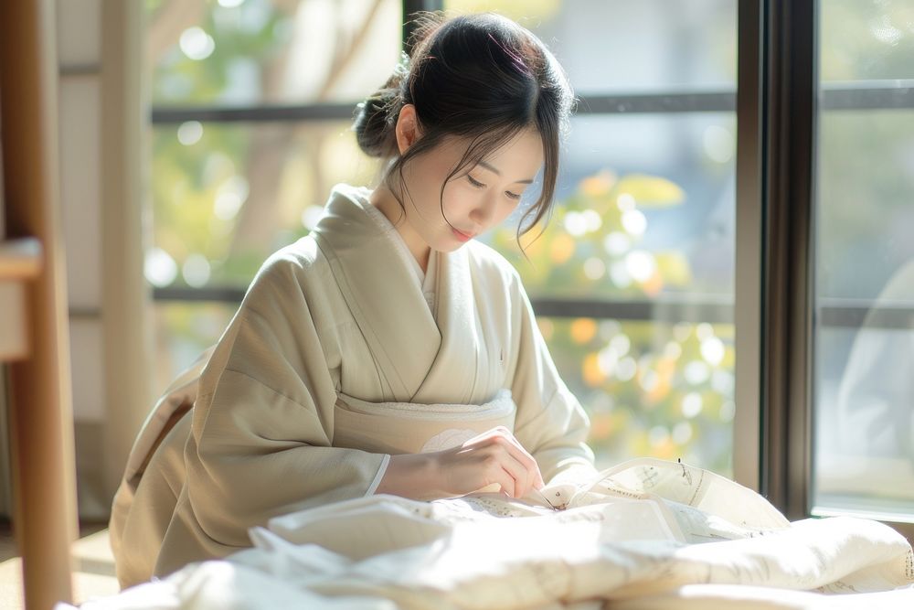 A japanese woman sewing kid shirt kimono adult robe.