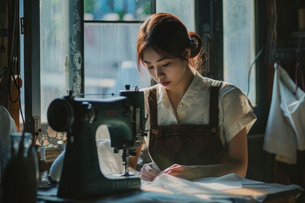 A japanese woman sewing kid shirt adult concentration entrepreneur.