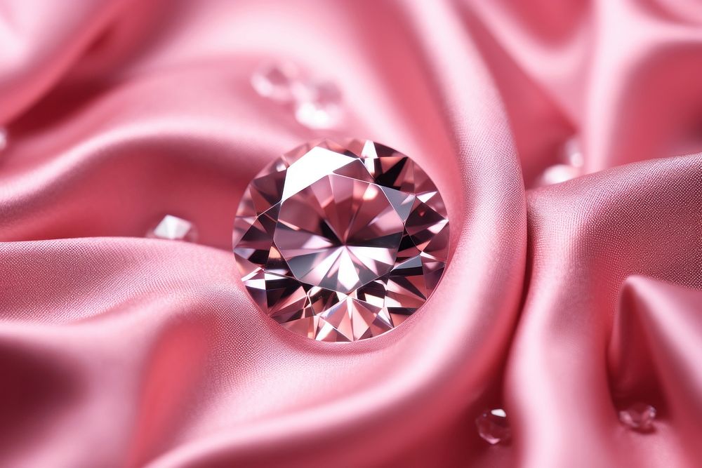 A pink diamond on pink fabric backgrounds gemstone jewelry.