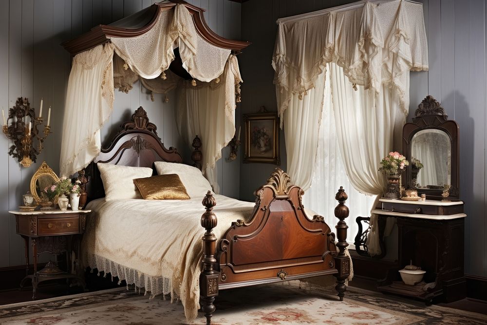 A victorian bedroom interior furniture architecture nightstand.