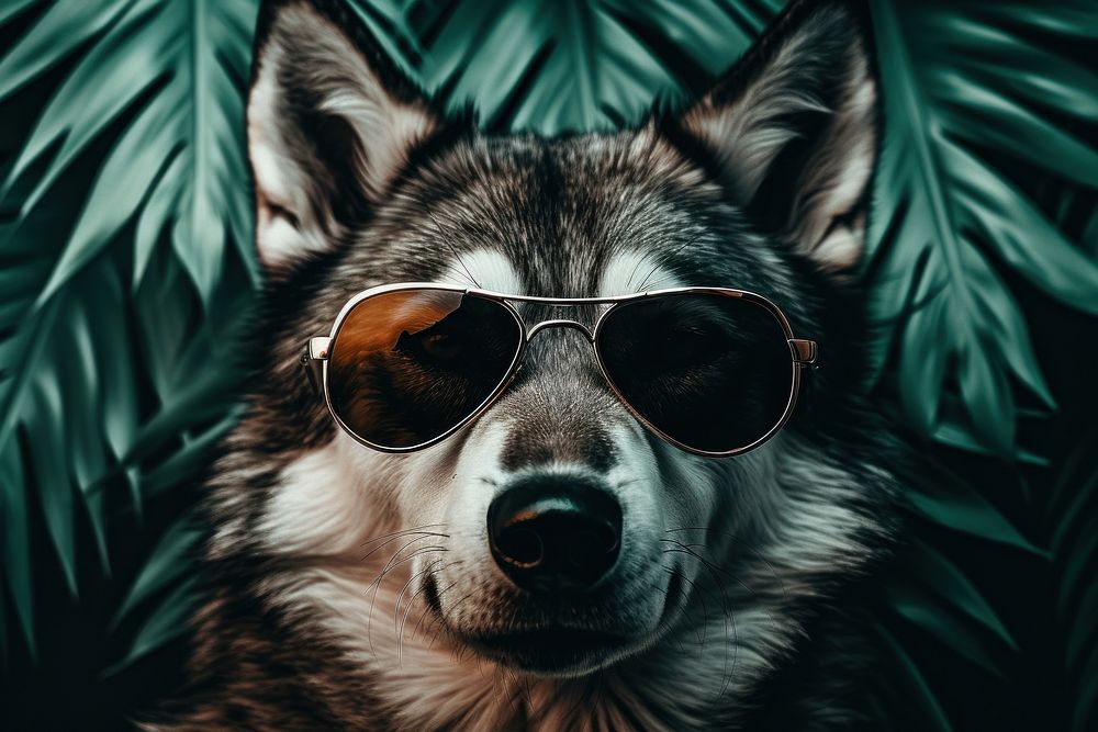 A wolf with sunglasses mammal animal dog.