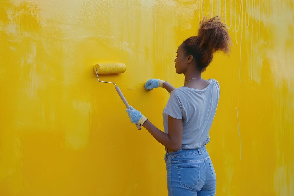 Woman turning side to paint a wall by paint roller cleaning yellow architecture.