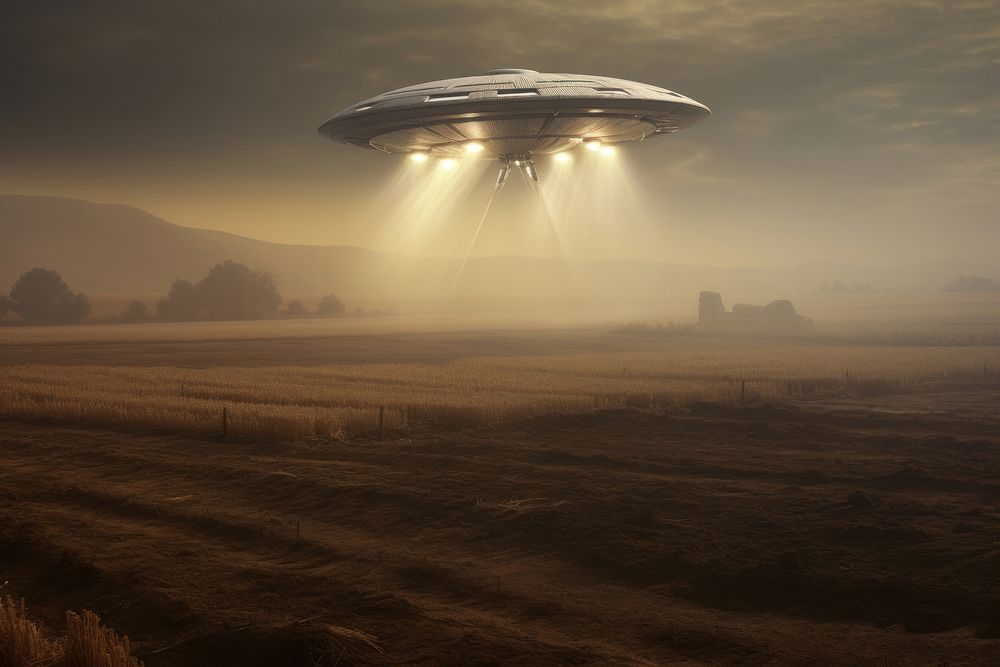 Aliens UFO corn field landing landscape outdoors airship.
