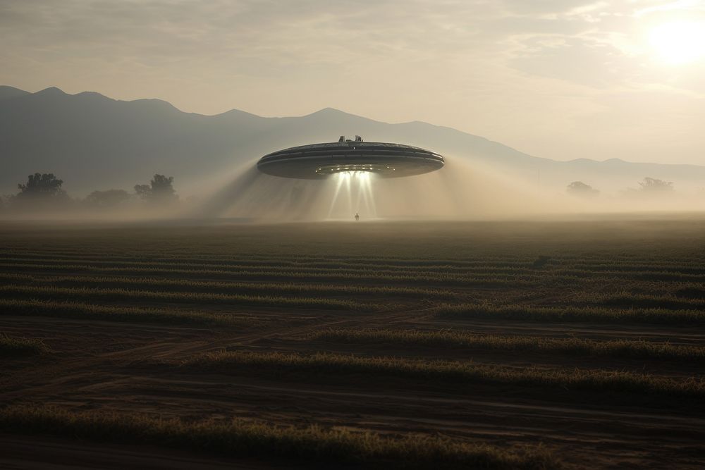 Aliens UFO corn field landing landscape outdoors vehicle.