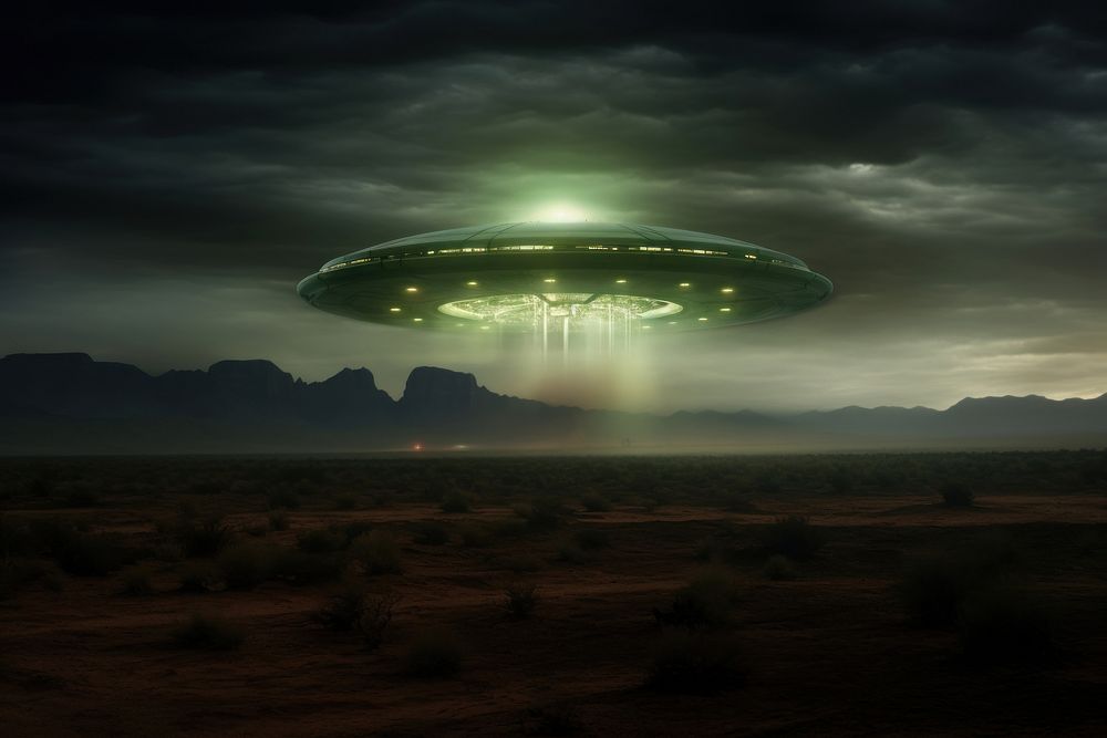 Aliens UFO green filed landscape outdoors nature.