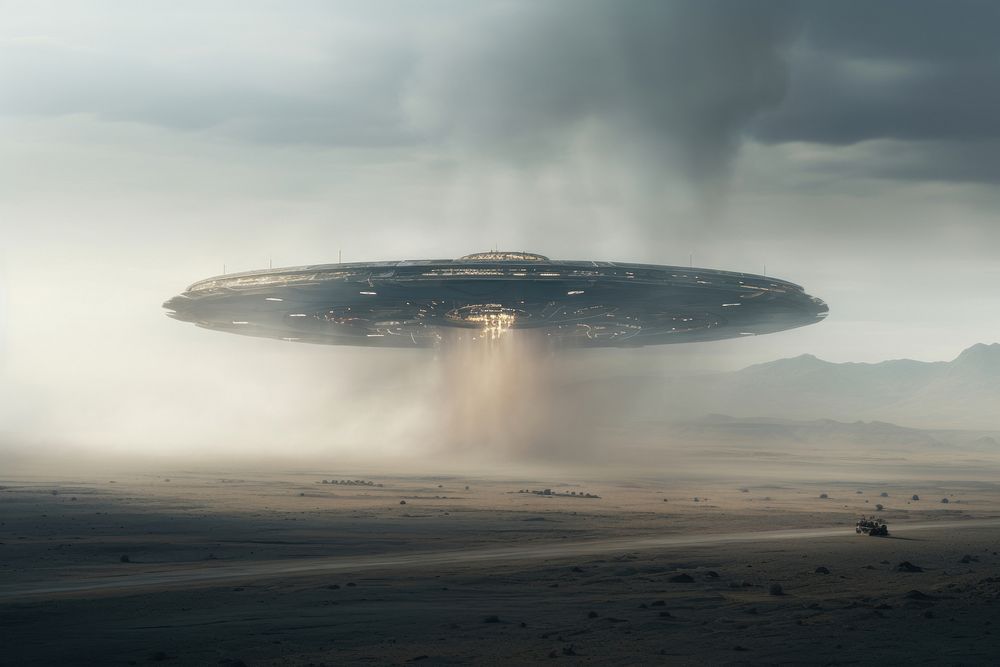 Aliens UFO landing landscape outdoors nature.