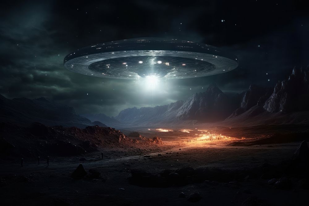 Aliens UFO landing night space moon.