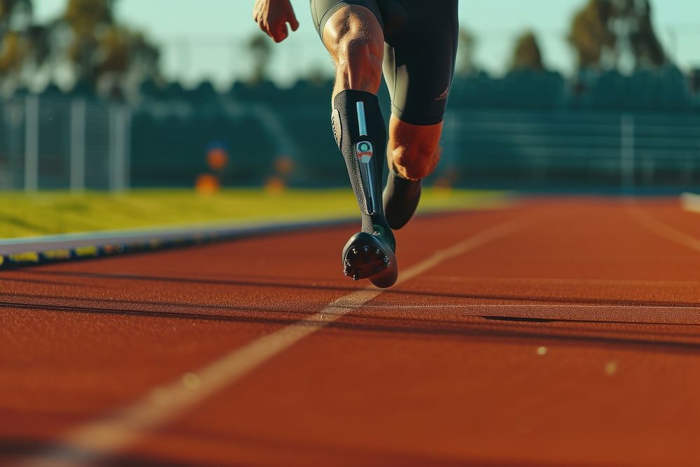 An athletic with prosthetic leg running sports determination.
