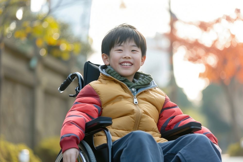 Asian boy on wheelchair smiling child architecture.