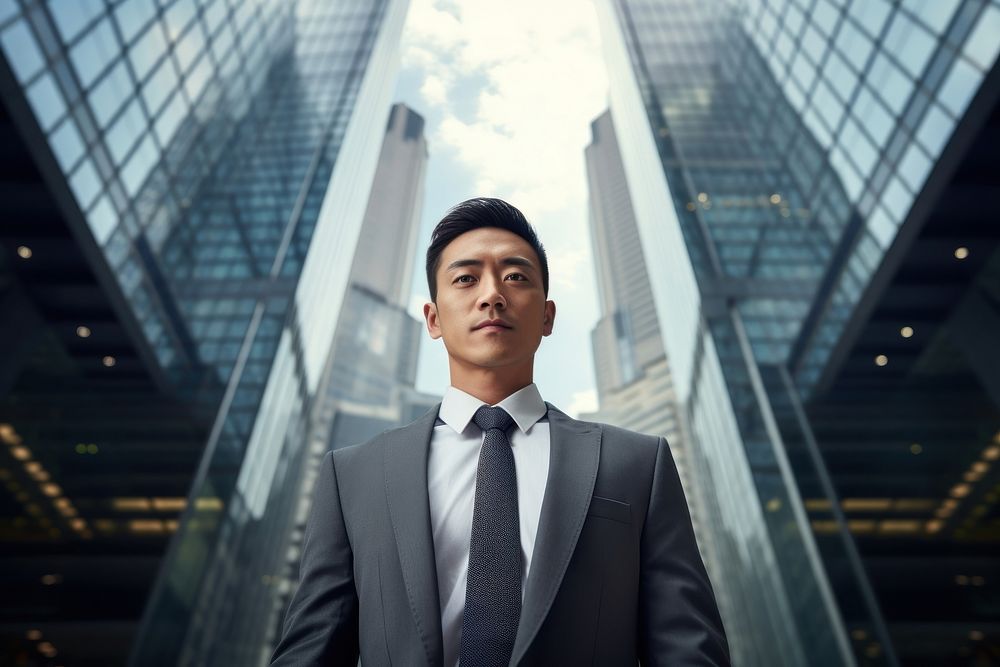 Asian businessman with skyscrapers backdrop architecture building portrait.