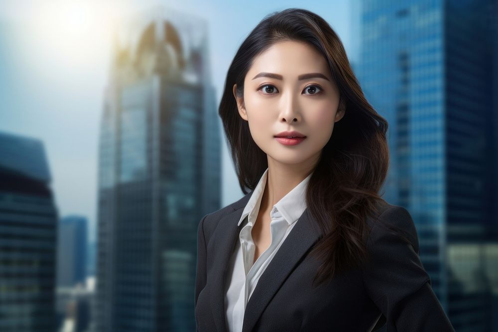 Asian businesswoman with skyscrapers backdrop portrait adult photo.