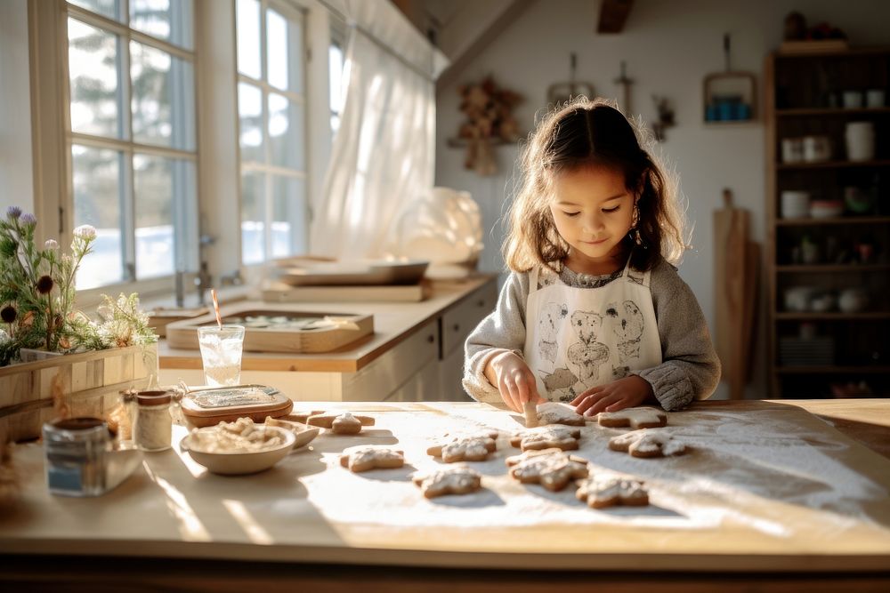 Photo of asian kid decorating cookies kitchen concentration hairstyle.