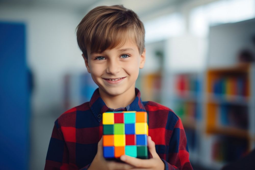 Autistic boy holding a Rubik smile child happy.