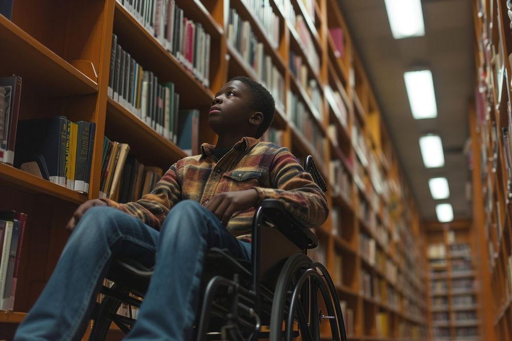 Black boy on wheelchair library publication sitting.