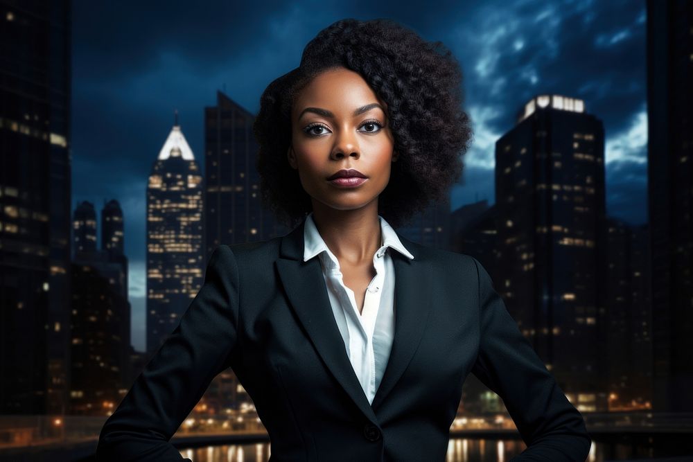 Black businesswoman with skyscrapers backdrop metropolis portrait adult.