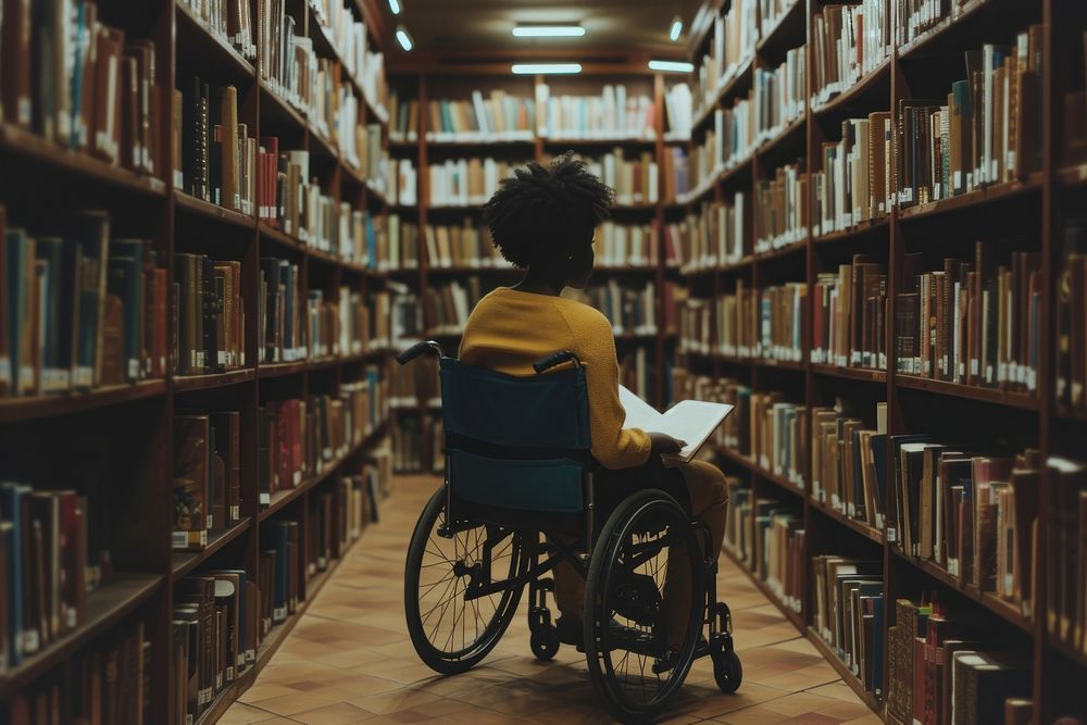 Black girl on wheelchair library publication adult.