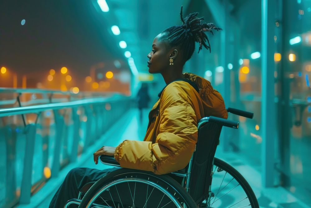 Black girl on wheelchair bicycle sitting transportation.