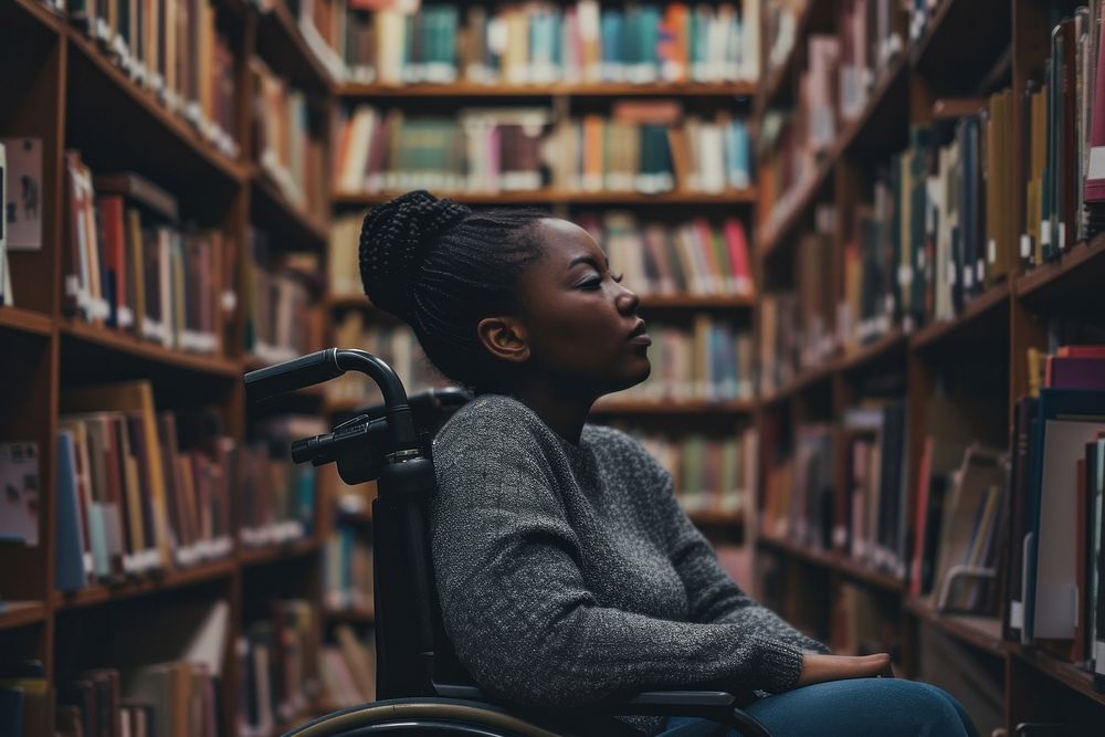 Black girl on wheelchair library publication book.