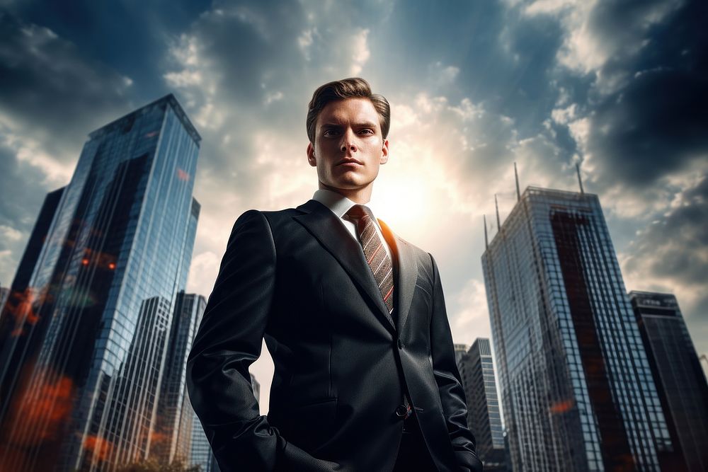 Businessman with skyscrapers backdrop architecture building portrait.