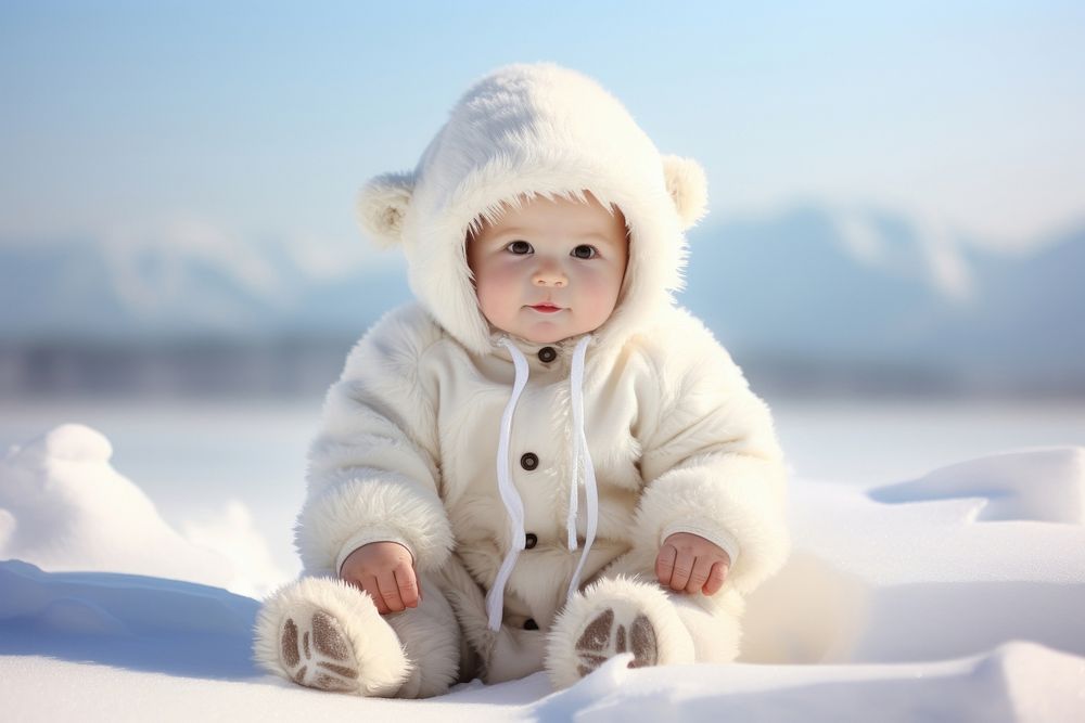 Cute white baby polar portrait outdoors sitting.
