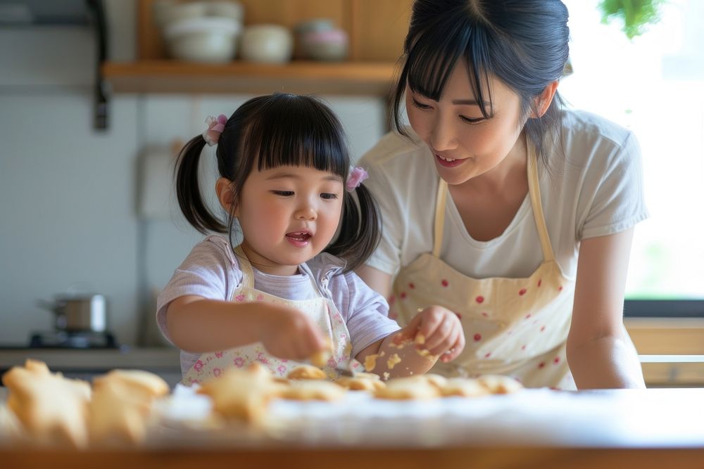 Japanese mother and daughter decorating summer cookies eating child adult.