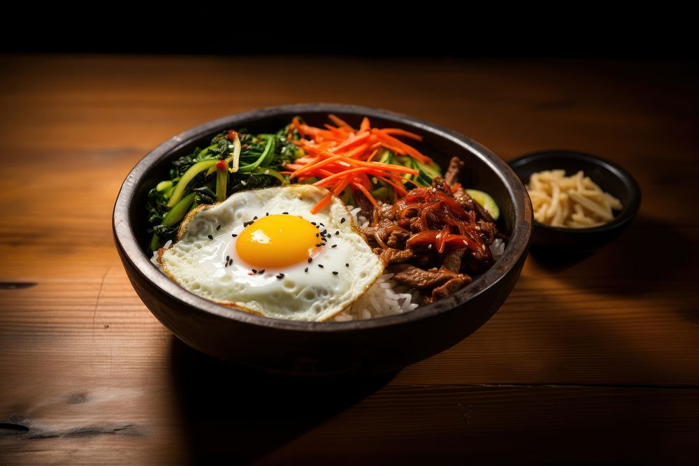 Korean bibimbap dish table food wood.