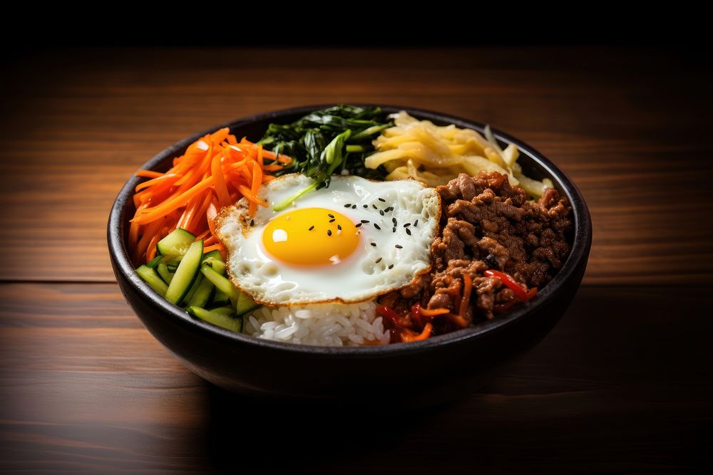 Korean bibimbap dish table food egg.