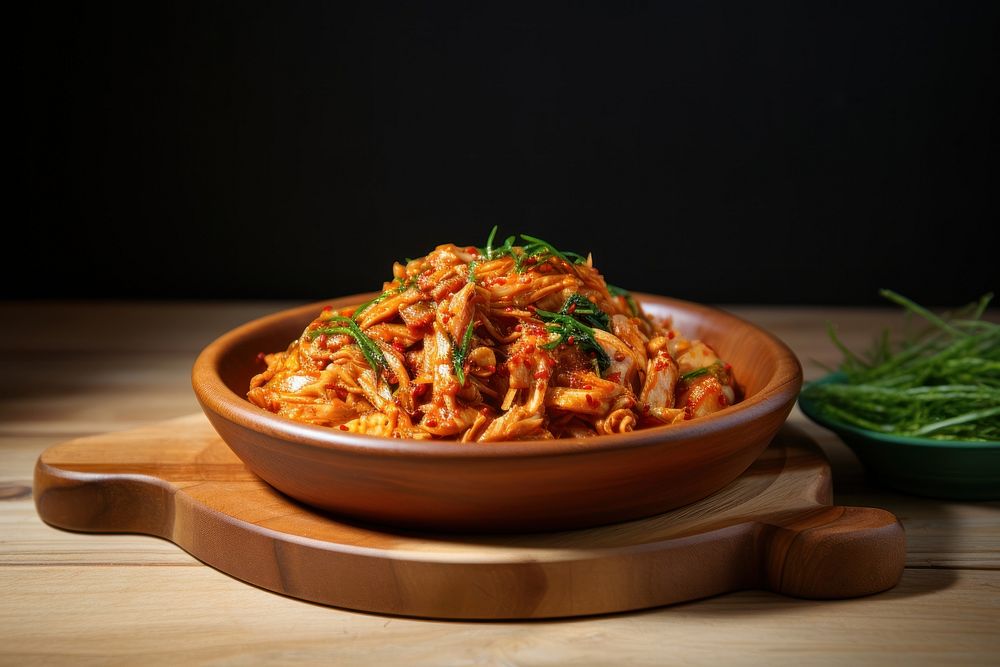 Korean kimchi dish spaghetti pasta table.