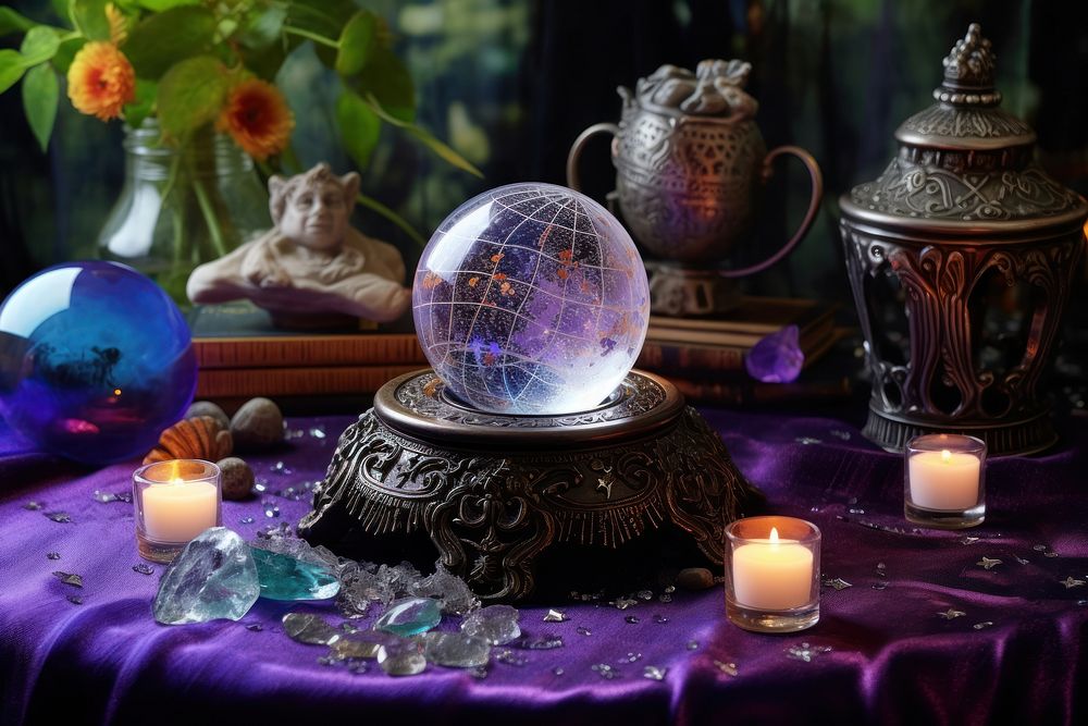 Candle sphere purple table.