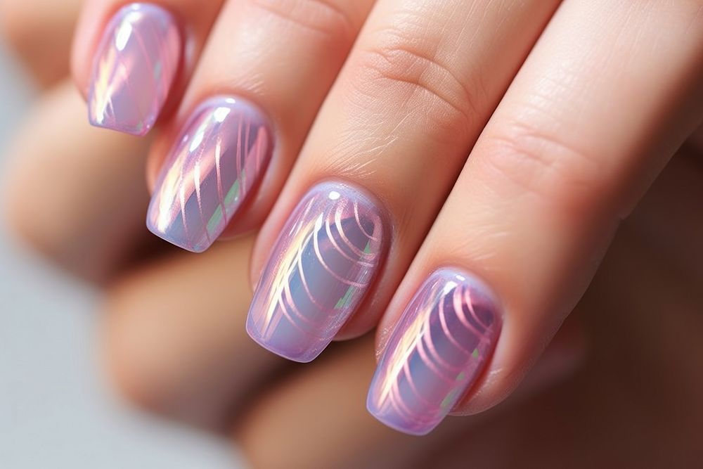 Pink holographic nail pattern cosmetics manicure hand.