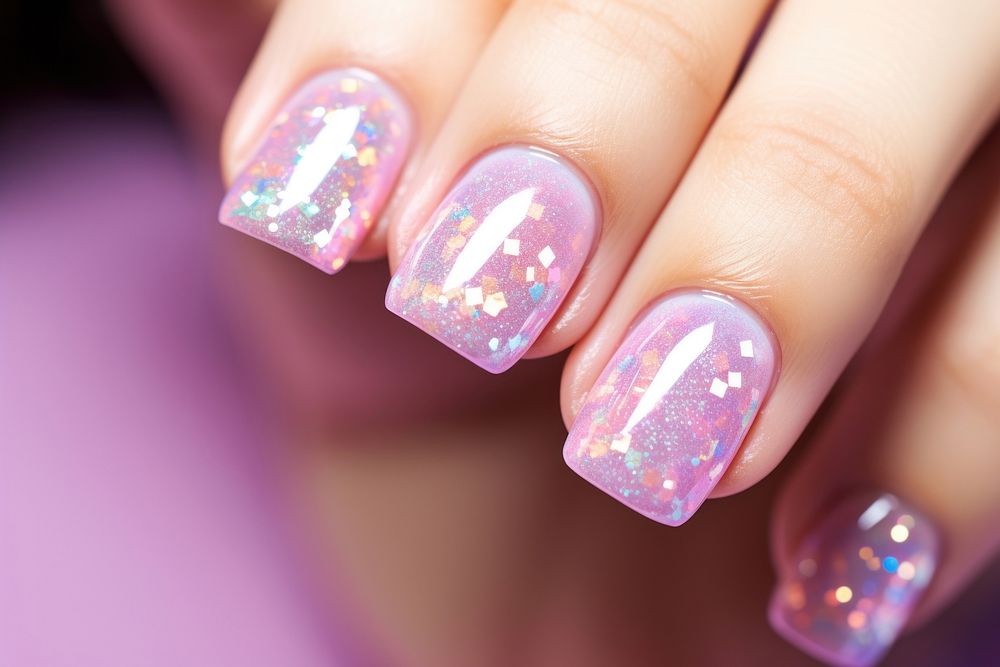 Pink holographic nail pattern cosmetics manicure hand.