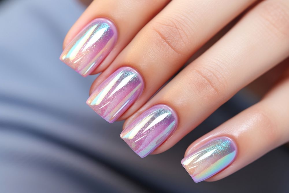 Pink holographic color nail cosmetics manicure hand.