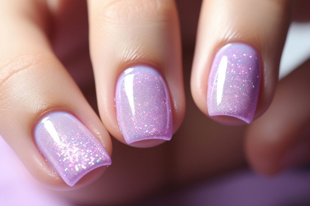 Pink holographic color nail cosmetics hand fingernail.