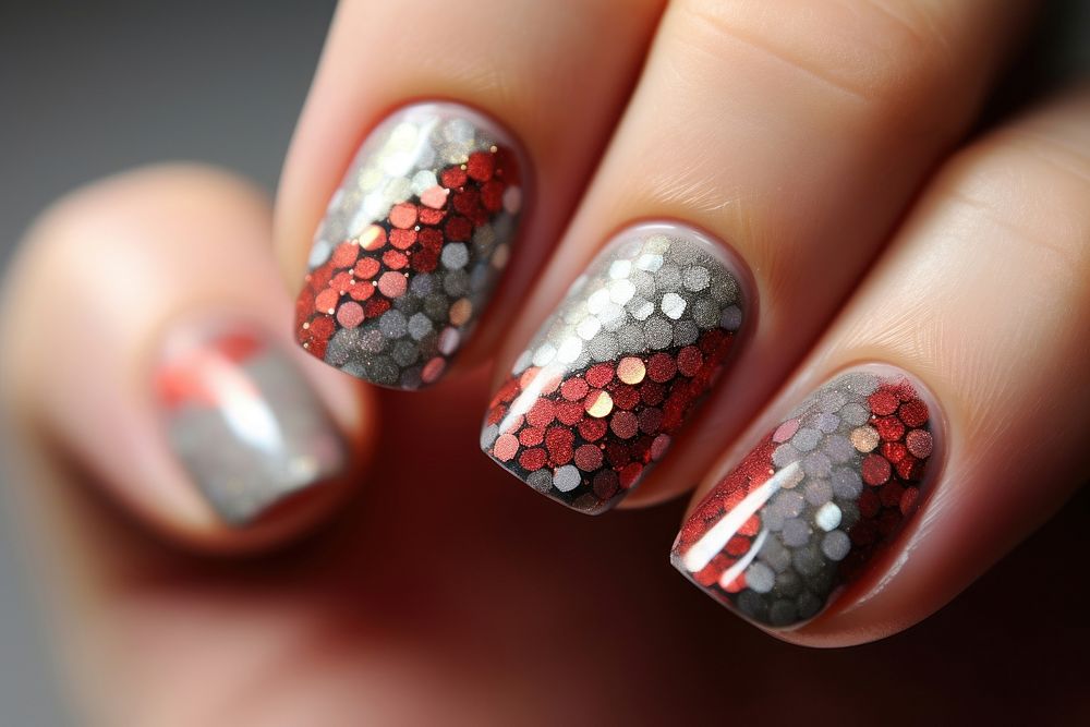 Red silver nail pattern manicure finger hand.