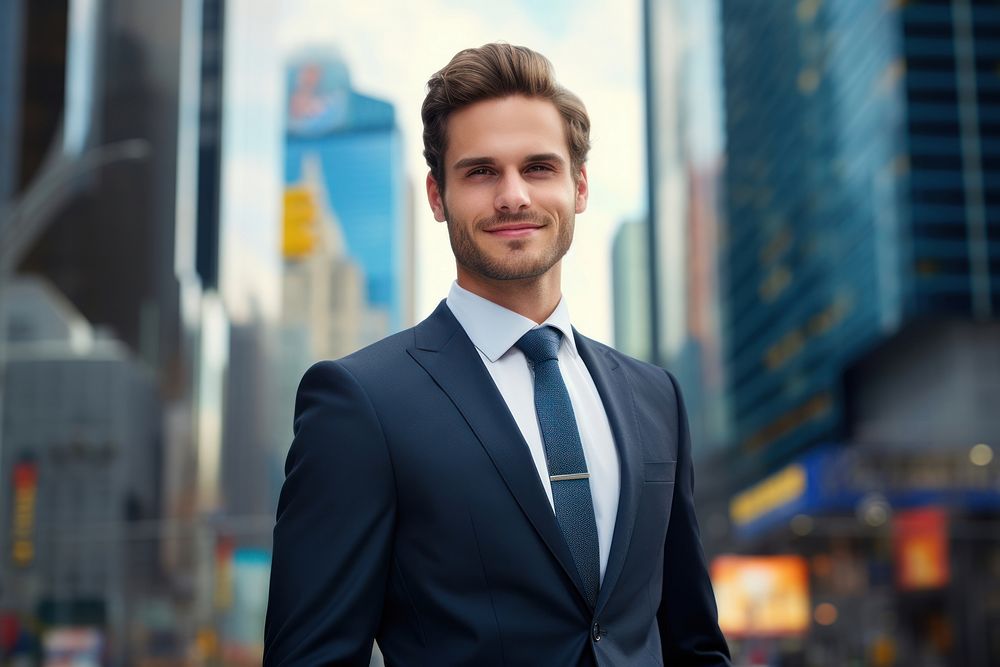 Smiling businessman with skyscrapers backdrop smiling blazer adult.